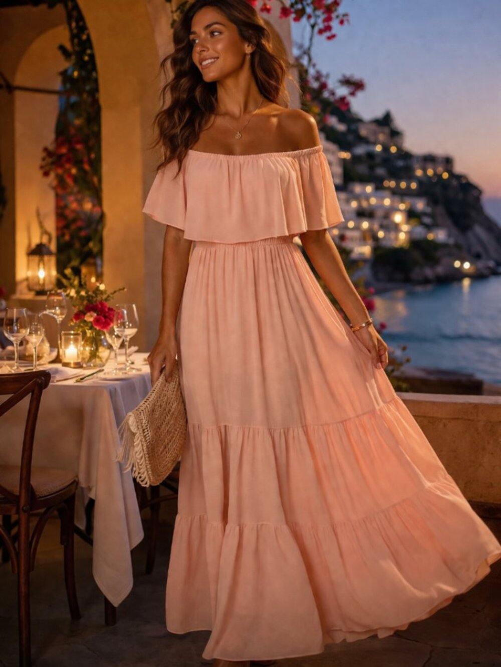 VENUS Blush Off-Shoulder Maxi Dress 🌸 Tiered Ruffle • Built-In Slip • Size 10